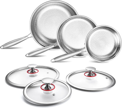 Hammered Non Stick Titanium Frying Pan with Lid - Stainless Steel Kitchen Cookware Pot Scratch-Resistant, Even Heating Cookware for All Stovetops (8, 10, and 12 Inch -With Lid)1