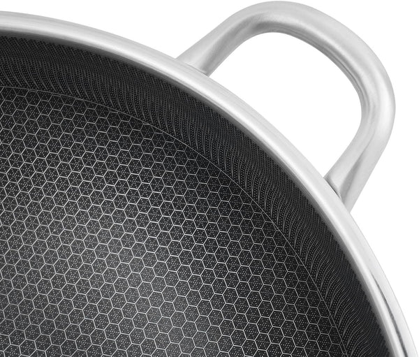 Stainless Steel Honeycomb Wok, Non-Stick Cooking Frying Pan with Lid, Stir-Fry Pan for Gas Stoves, Concave Induction, Ceramic, Electric Stoves (14.2 * 3.7In)4
