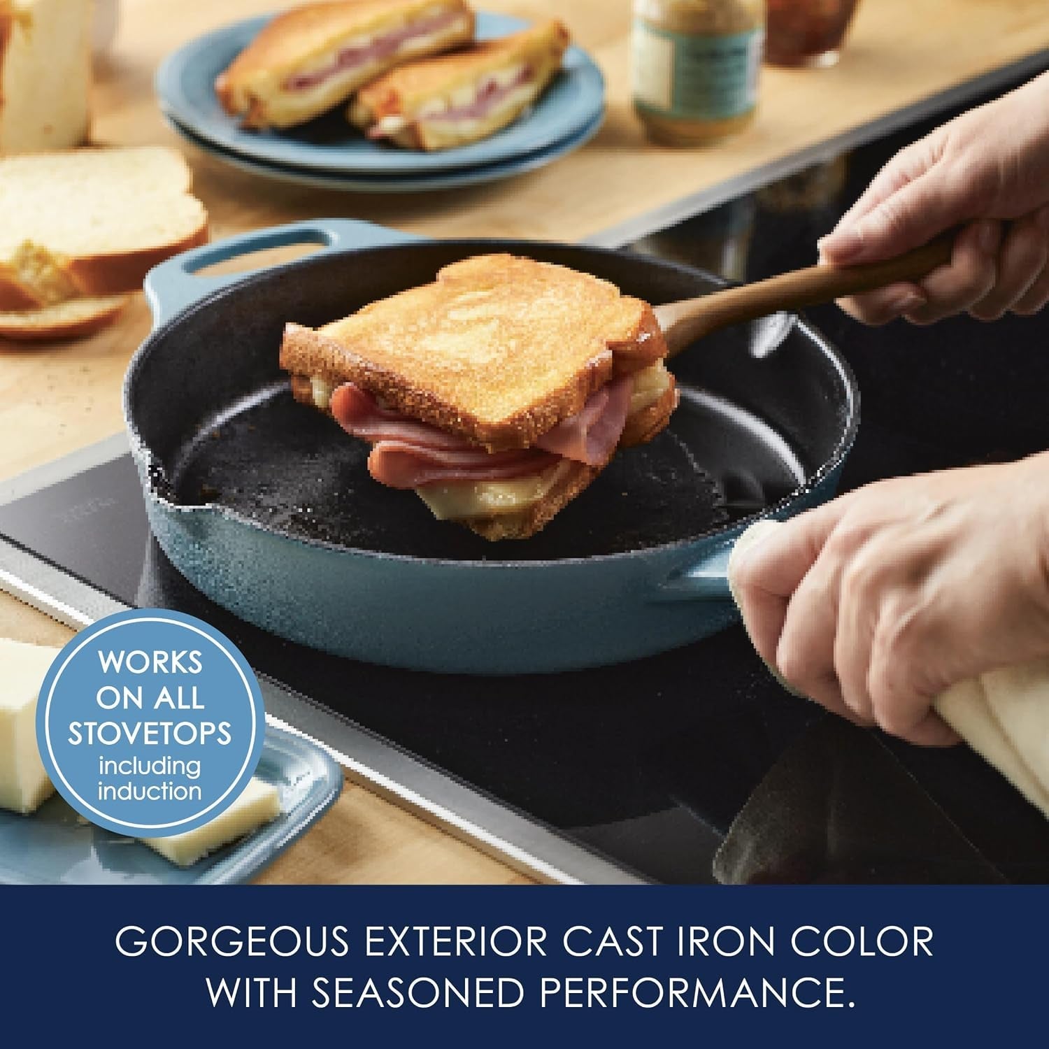 nitro-cast-iron-fryin-pan-skillet-with-helper-handle-and-pour-spouts-12-inch-agave-blue