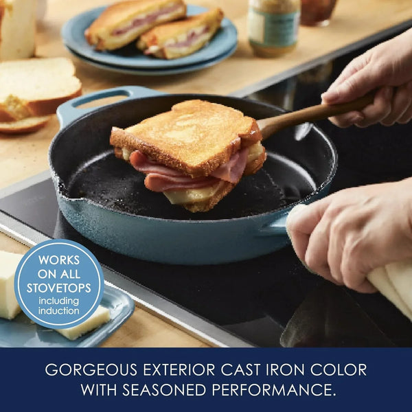 NITRO Cast Iron Fryin Pan/Skillet with Helper Handle and Pour Spouts, 12 Inch - Agave Blue3