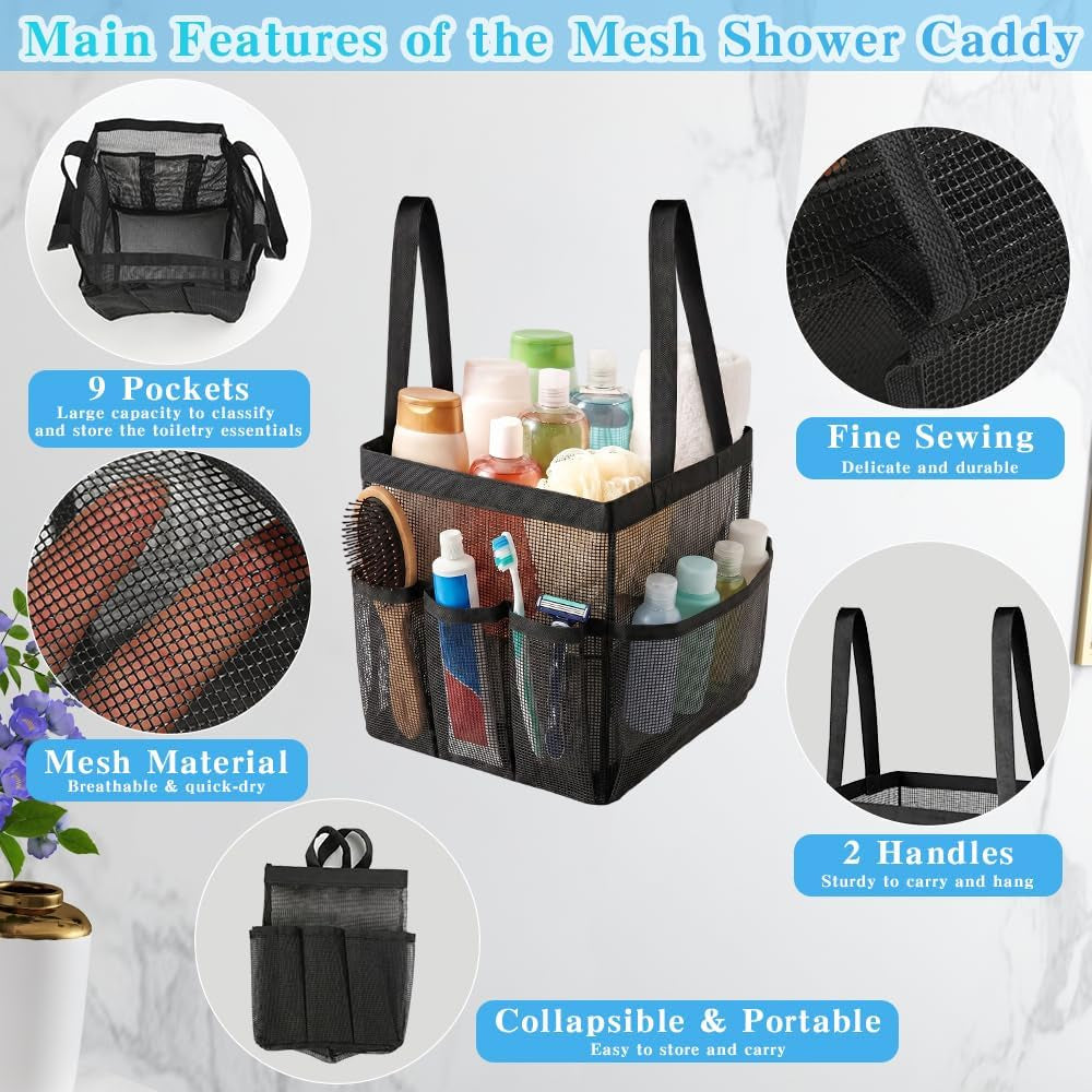 mesh-shower-caddy-portable-black-beach-tote-bag-for-bathroom-dorm-essentials-quick-dry-toiletry-organizer-large-with-2-handles-9-pockets-for-swim-pool-gym-college-camp-travel-women-men-basket-bag