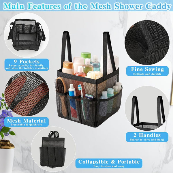 Mesh Shower Caddy, Portable Black Beach Tote Bag for Bathroom Dorm Essentials, Quick Dry Toiletry Organizer Large with 2 Handles 9 Pockets for Swim Pool Gym College Camp Travel Women Men Basket Bag2