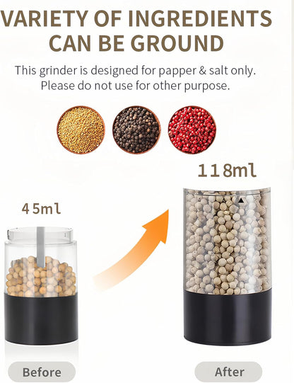 2Pack Electric Salt & Pepper Grinder Set One-Touch Operation Adjustable Coarseness Ceramic Grinding Core USB Rechargeable with LED Light for Kitchen, Restaurant, Outdoor, Black (Black+Black)2