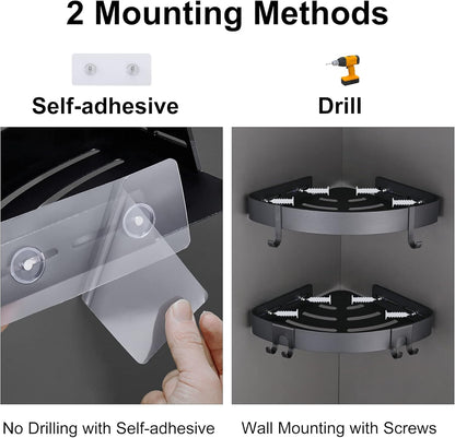 Adhesive Corner Shower Caddy with Hooks, Black, 2 Pack4