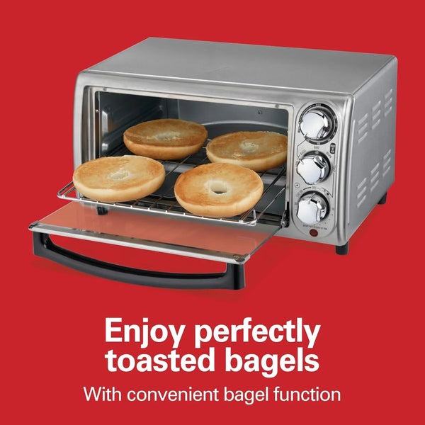 4 Slice Countertop Toaster Oven with 5 Cooking Modes | Bake, Broil, Toast, Keep Warm, Bagel | Stay on & Auto Shutoff | 2 Rack Positions | 200-450° F | Stainless Steel | 31143J7