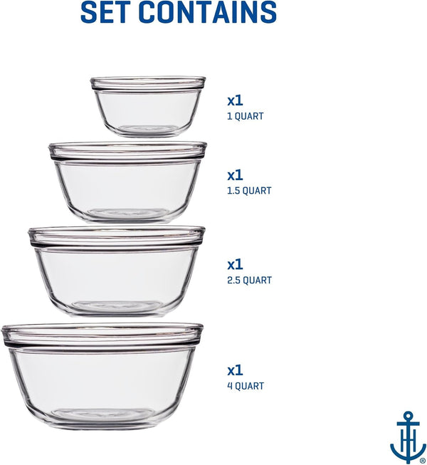 4 Piece Glass Mixing Bowls Set – Durable, Microwave, Oven, and Dishwasher Safe – Perfect for Prep, Mixing, Serving, and Storage – Made in USA5