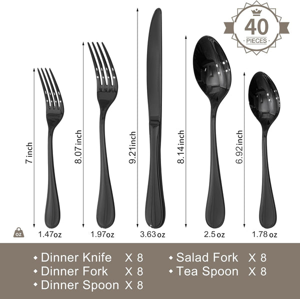 18/10 Stainless Steel Silverware Set for 8, 40 Piece Black Flatware Set |  Teardrop Heavy Cutlery Set, Mirror Polished Knives Fork Spoons Utensils, Dishwasher Safe for Home Kitchen Wedding2