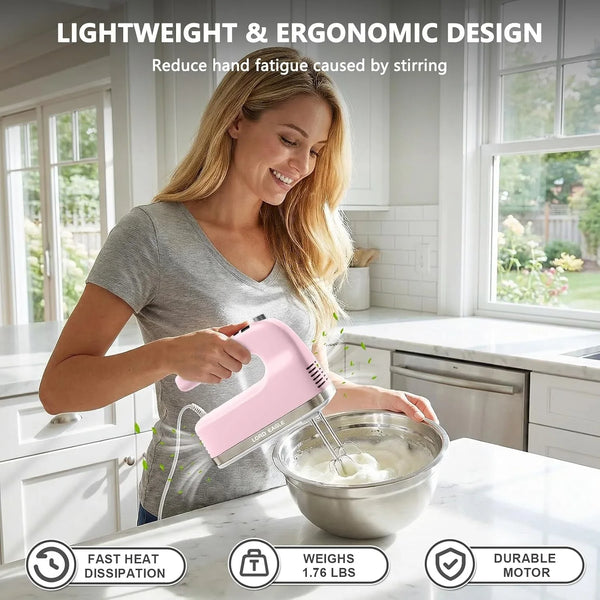 9-Speed Digital Hand Mixer Electric Handheld, 500W DC Motor | Kitchen Mixer for Cake Baking, Lightweight Egg Beaters with Stain-Resistant & Waterproof Storage Bag & 6 Accessories, Pink6