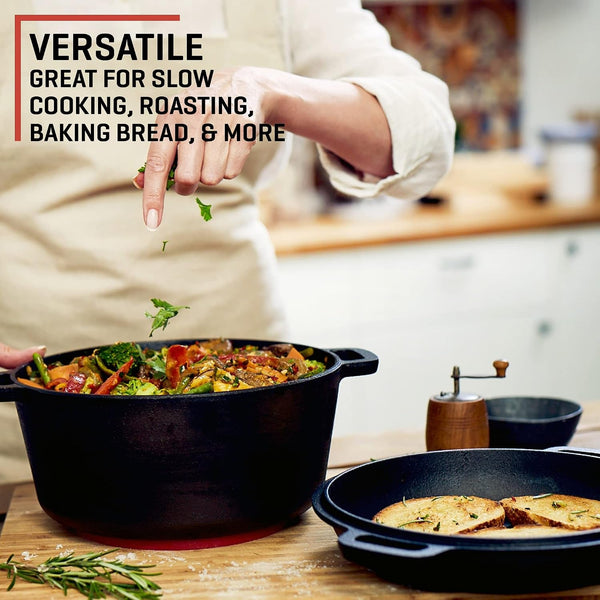 2-In-1 Cast Iron Dutch Oven Large - 5 Quart Dutch Oven Pot with Lid, Pre-Seasoned Cooking Dish for Bread Baking and Stews - Heavy Duty Cast Iron Pot with Detachable Frying Pan Lid for Versatile Cooking6