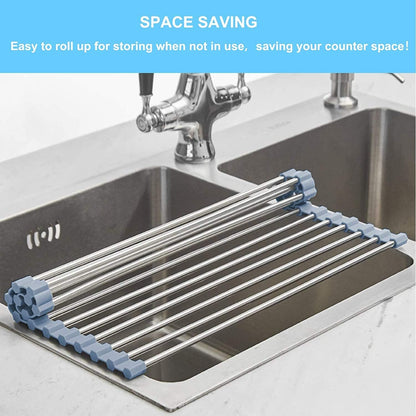 Roll up Dish Drying Rack, over the Sink Dish Drying Rack Kitchen Rolling Dish Drainer, Foldable Sink Rack Mat Stainless Steel Wire Dish Drying Rack for Kitchen Sink Counter Storage 17.5X11.83