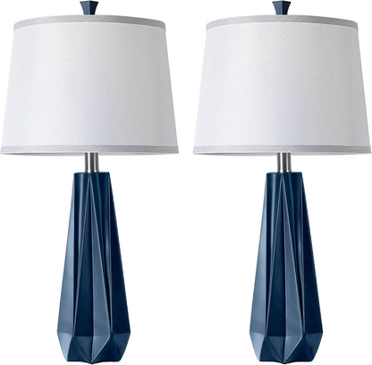 27'' Navy Blue Resin Table Lamps, Desk Lamps with 3 Color Temperature | Prism-Shaped Lamp Body, Rotary Switch, E26 Base, with Linen Shade, Desk Lamps for Living Room, Bedroom, 2 Bulbs Included8