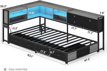 Corner Bed Frame with Charging Station & Led Lights, Black & Gray2