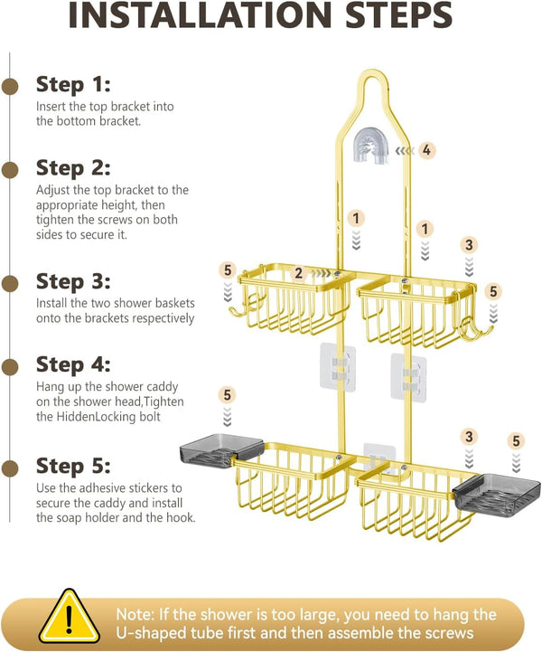 Adjustable Shower Caddy Hanging - Never Rust Shower Organizer Hanging, Aluminum Shower Racks for inside Shower - Bathroom Organizers and Storage with 2 Soap Holders and 2 Removable Hooks Gold8