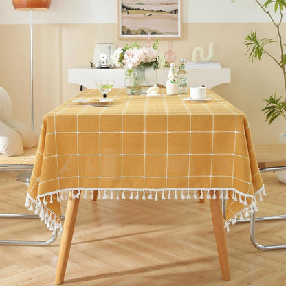 Rustic Plaid Cotton Linen Tablecloth Checkered Waterproof with Tassel Table Cover Decoration for Kitchen Dining Christmas Party 55" X 70", Rectangle, Yellow, 4-6 Seats1