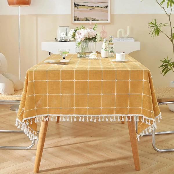 Rustic Plaid Cotton Linen Tablecloth Checkered Waterproof with Tassel Table Cover Decoration for Kitchen Dining Christmas Party 55" X 70", Rectangle, Yellow, 4-6 Seats1