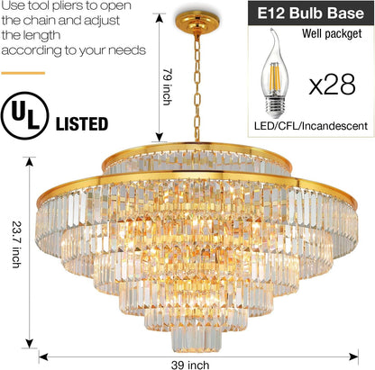 Crystal Chandeliers Modern Style Gold 39 Inch & Lights round Hanging Classic, Pendant Ceiling Chandelier Lighting Fixture 7-Tier for Dining Room Living Room5