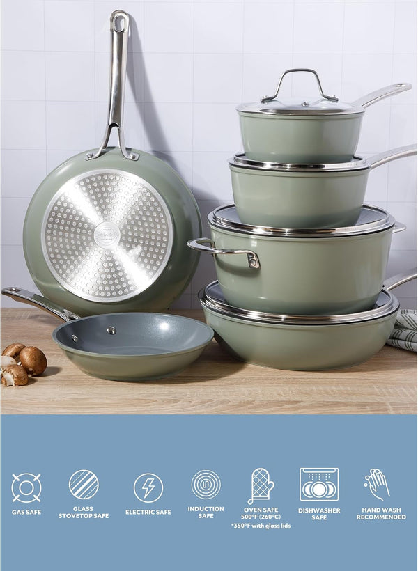 Sur La Table Kitchen Essentials Cool Commune Hard Anodized 10 Piece PFA Free Ceramic Non Stick Interior Forged Durable Aluminum Pots and Pans Cookware Set - Green - Induction Compatible4