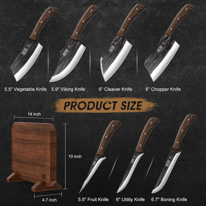 8PCS Butcher Kitchen Knife Set, Sharp Magnetic Knife Block Set | Hand Forged High Carbon Stainless Steel Chef Knives Set with Meat Cleaver Knife & Bone Chopper Knives Gift for Men+2