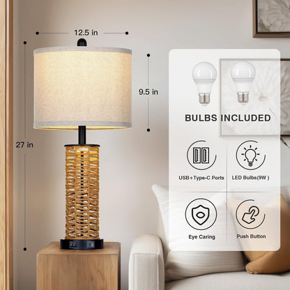 27" Boho Rattan Table Lamps Set of 2, Coastal Bedside Lamp with Night Light, Woven Wicker Bedroom Nightstand Lamps with USB A+C Charging Port, Tall Farmhouse Lamp for Living Room End Table7