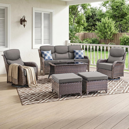Luxury High Back Outdoor Furniture with 6-Inch Thick Cushions, Patio Furniture Set with Swivel Chairs, 6 PCS Wicker Conversation Set for Porch, Balcony, Deck and Yard1