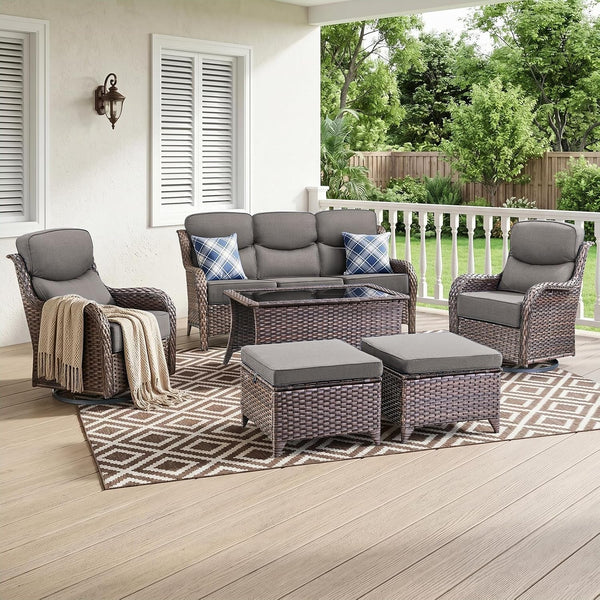 Luxury High Back Outdoor Furniture with 6-Inch Thick Cushions, Patio Furniture Set with Swivel Chairs, 6 PCS Wicker Conversation Set for Porch, Balcony, Deck and Yard1