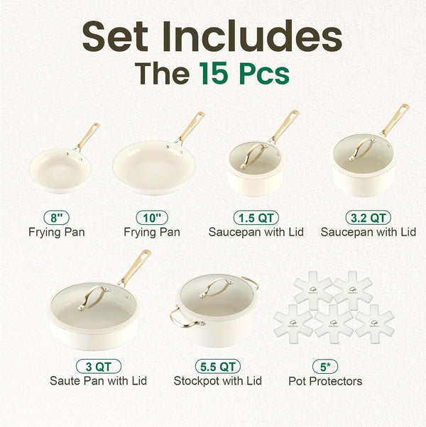 Ceramic Cookware Sets, 15Pcs Pots and Pans Set Non Stick, Cookware Set with Stainless Steel Handle, Dishwasher & Oven Safe, Cream White and Light Gold Handle2