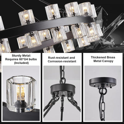 60 Inch Black Wagon Wheel Chandelier with Crystal Shade, 60 Lights, Large round Modern Farmhouse Style, Perfect for High Ceiling, Dining Room, Kitchen, Entryways, Foyer6