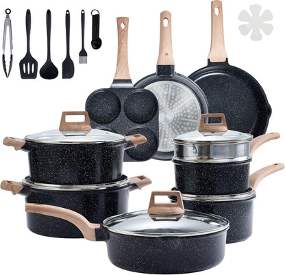 25Pcs Ceramic Cookware Set, Non-Toxic Nonstick Cooking Pots & Pans with Heat Resistant Grips, Complete Induction Compatible Kitchen Kit Including Multi-Size Frying Pans, Black1