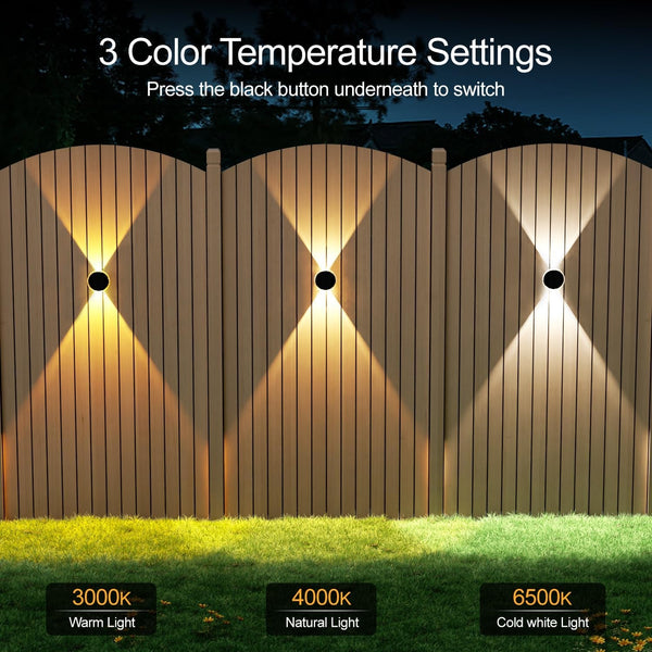 Fence Solar Lights: 360° Circular Lighting Solar Powered Wall Lights 12 Hours Long Runtime up and down Waterproof IP65 & 3 Modes High Brightness LED Focus Lens for Patio/Yard - 4 Pack4