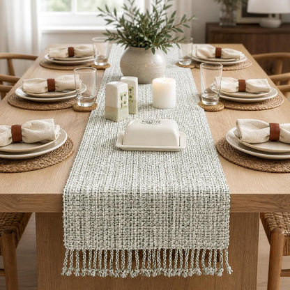 Cotton Table Runner, 13X72 Inch, Green Ivory, Home Decor1