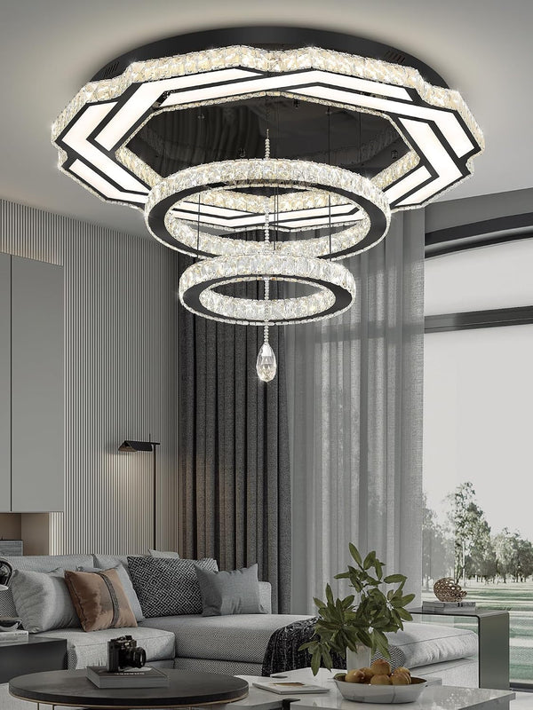 Large Crystal Chandelier Dia 48" Black Ring Crystal Chandelier Flush Mount Ceiling Light for Living Room Foyer Hallway Dimmable LED 3 Rings Celing Lighting6