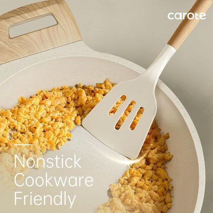 10-Piece Kitchen Utensils Set with Wood Cool-Touch Handles, Cream | Silicone Cooking Utensil, Food Grade, Nonstick Cookware Friendly, Bpa-Free, Heat-Resistant, Everyday Home Essentials, Gifts4