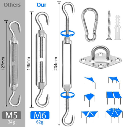 Sun Shade Sail Hardware Kit 6 Inch for Rectangle & Triangle Shade Sail Install, Stainless Steel Shade Sail Fixing Accessories for Outdoor Patio Canopy Garden, Heavy Duty Awning Attachment Set (44 Pcs)2