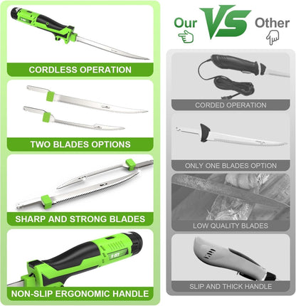 12V Cordless Electric Fillet Knife, 8" Flexible & 10" Rigid Blades, 2X 1500Mah Batteries, 1.5H Fast Charger, Safety Lock, Non-Slip Handle, Carry Case for Outdoor Fishing Filleting, Green3