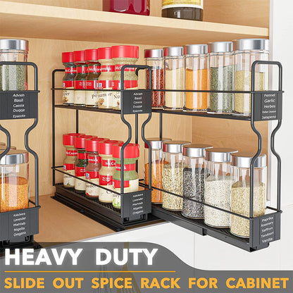 Pull Out Spice Rack Organizer for Cabinet, Heavy Duty Slide Out Seasoning Kitchen Organizer, Cabinet Organizer, with Labels, 5.2" W X10.75 D X10 H, 2 Drawers 2-Tier2
