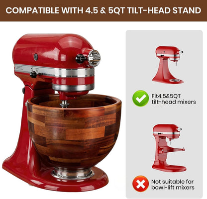 Wood Mixing Bowl for Kitchenaid, 5QT Natural Acacia Wooden Bowl Compatible with Kitchenaid 4.5&5 QT Tilt-Head Stand Mixer, with Stainless Steel Locking Base, for Baking & Mixing4