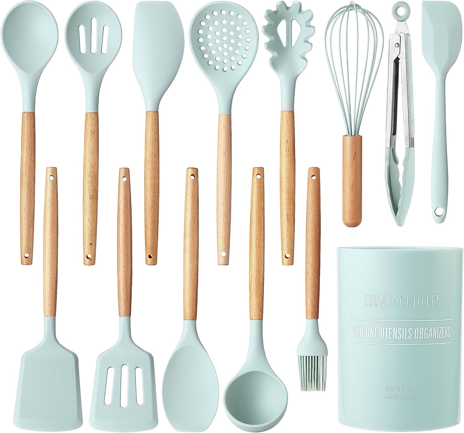 non-stick-silicone-utensil-set-with-rounded-wood-handles-for-cooking-and-baking-14-piece-set-mint