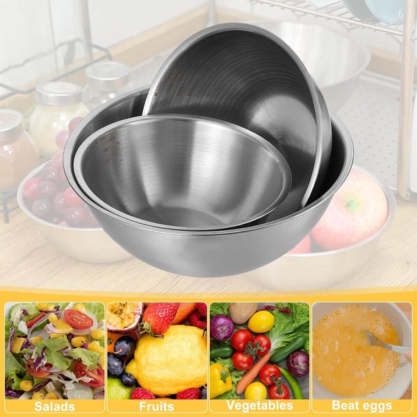 Stainless Steel Mixing Bowls 3 Packs Nesting Baking Supplies Small Thicker Stainless Steel Flat Bottom Stackable Salad Bowl Mixing Bowls Set for Cooking, Baking, Salad,Serving(1000/1500/2000Ml)3