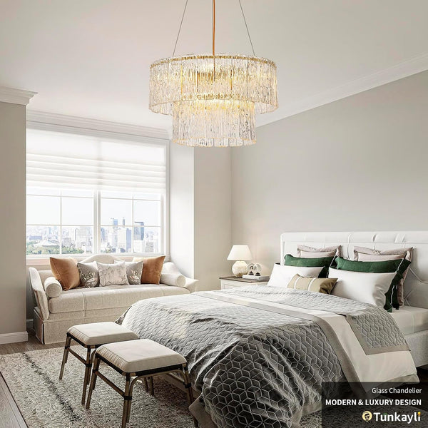 20" Gold Crystal Chandelier, 6-Light Glass Drum Light Fixture6