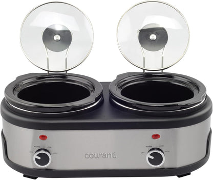 3.2-Quart Double Slow Cooker(1.6-Qt Each) W/Warm Settings, Stainproof Stoneware Pots and Glass Lids – Stainlesssteel3
