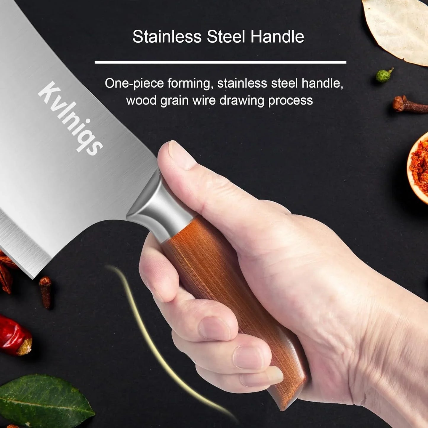 Hand holding frmly 7-inch stainless steel butcher knife with wood grain handle on black background