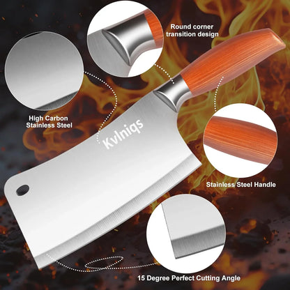 Kvlniqs high carbon stainless steel butcher cleaver with stainless steel wooden handle and 15 degree cutting angle