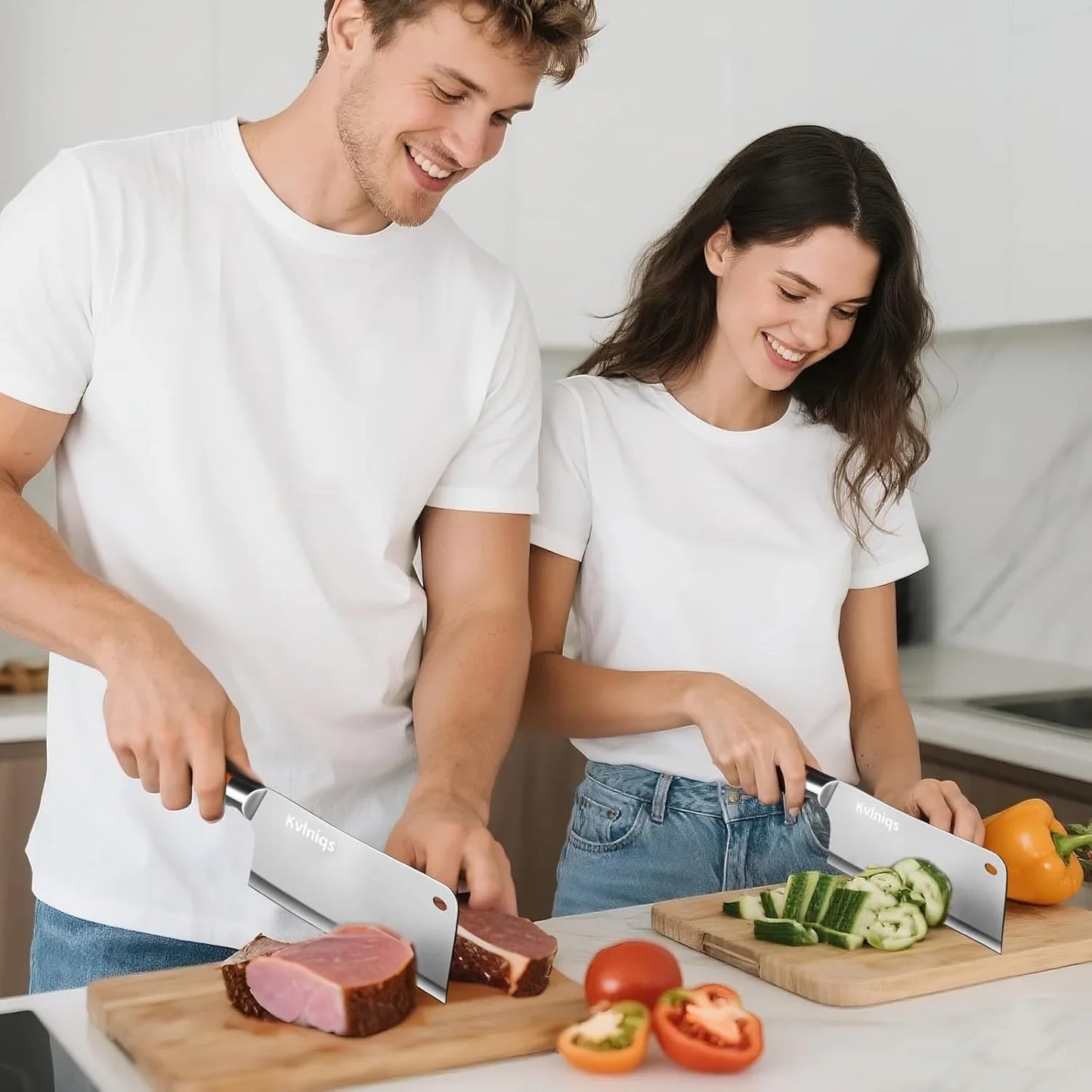 Man and woman slicing meat and cucumber with Simiry butcher knives in modern kitchen