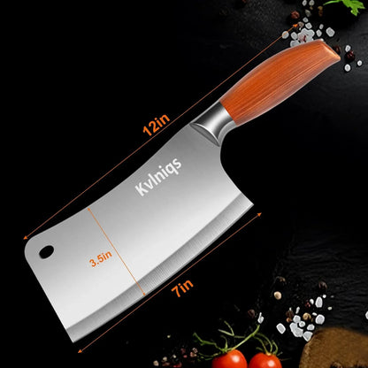 12-inch meat cleaver knife with wooden handle, 7-inch blade, stainless steel butcher cleaver