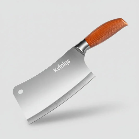 7-inch stainless steel butcher knife with wooden handle and hole on blade