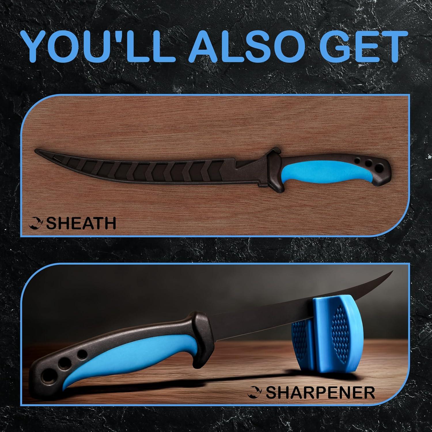 7-inch Damascus fillet knife with blue handle and black sheath, plus blue handle knife sharpener