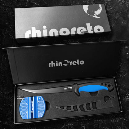 7-inch Rhinoreto fillet knife with blue handle and sharp German stainless steel blade in black box with sharpener
