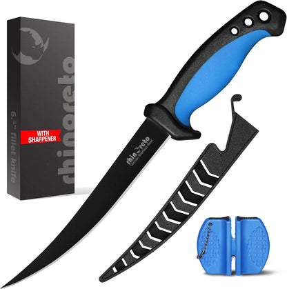 9.5-inch flexible fillet knife with black blade, blue handle, blade sheath, and blue sharpener