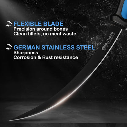 7-inch flexible fillet knife with German stainless steel blade and blue handle on dark background