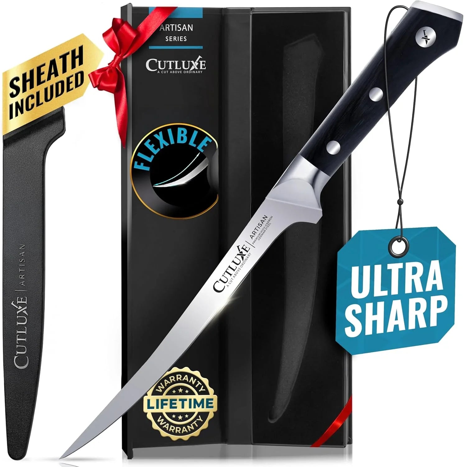 7-inch flexible fillet knife with black handle and sheath by Cutluxé Artisan, ultra sharp with lifetime warranty